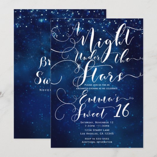 Invitation UNE NUIT SOUS LES ÉTOILES Starry Blue Sky Sweet 16 (Devant / Derrière)