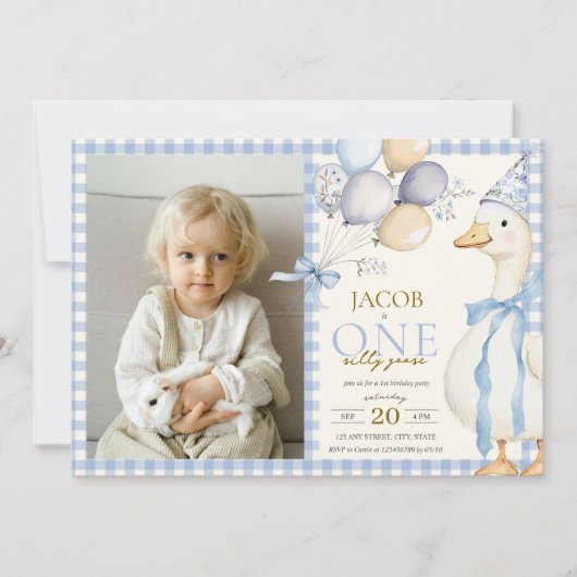 Invitation Une oie bête En vichy bleu 1er anniversaire Photo (Devant)