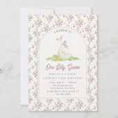 Invitation Une Oie Ridicule Gingham Rose Premier Anniversaire (Devant)