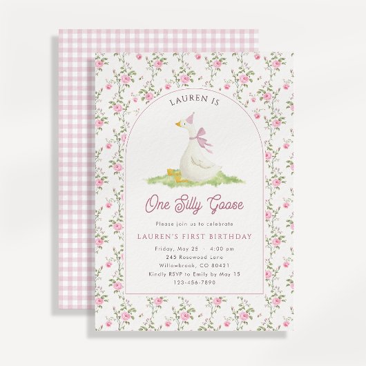 Invitation Une Oie Ridicule Gingham Rose Premier Anniversaire