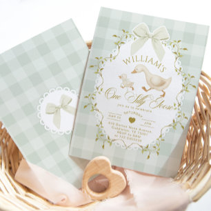 Invitation Une Oie Ridicule Pistache Gingham 1er Anniversaire