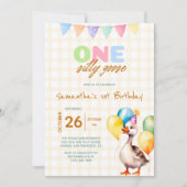 Invitation Une oie sotte 1er anniversaire Jaune Plaid (Devant)