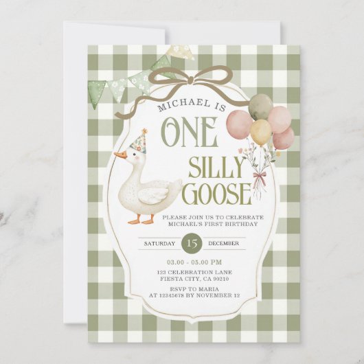 Invitation Une oie sotte Anniversaire Sage Green En vichy (Devant)