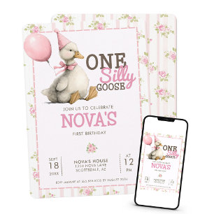 Invitation Une oie sotte personnalisée rose 1er anniversaire