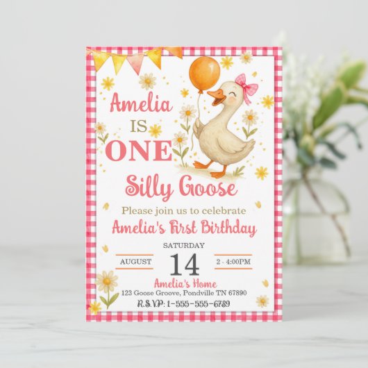Invitation Une Oie sotte première fête d'anniversaire Invitat (Debout devant)