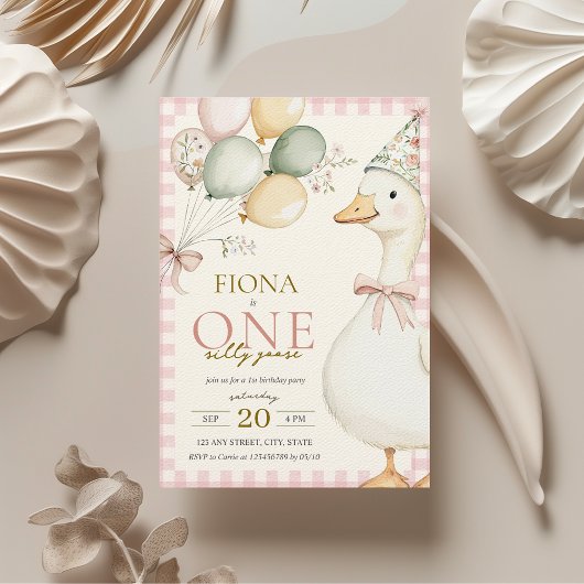 Invitation Une oie sotte rose En vichy 1er anniversaire de la