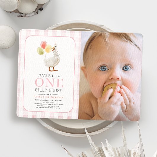 Invitation Une oie sotte rose En vichy fille 1er anniversaire