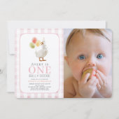 Invitation Une oie sotte rose En vichy fille 1er anniversaire (Devant)