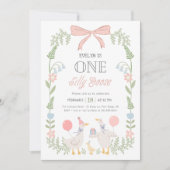 Invitation Une oie sotte rose florale 1er anniversaire (Devant)