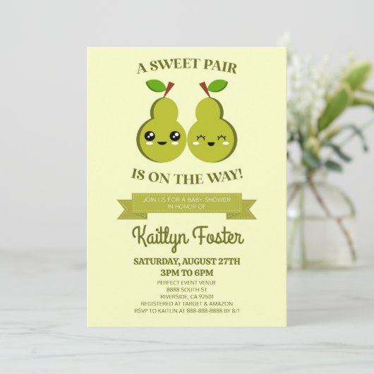 Invitation Une Paire Douce Est En Route ! Baby shower Pear Tw (Debout devant)