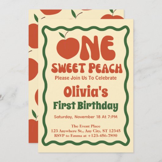 Invitation Une Pêche Douce - Wavy Retro Peach 1er Anniversair (Devant / Derrière)