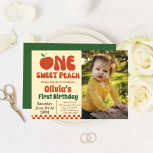 Invitation Une Pêche Sucrée - Photo de 1er Anniversaire Rétro