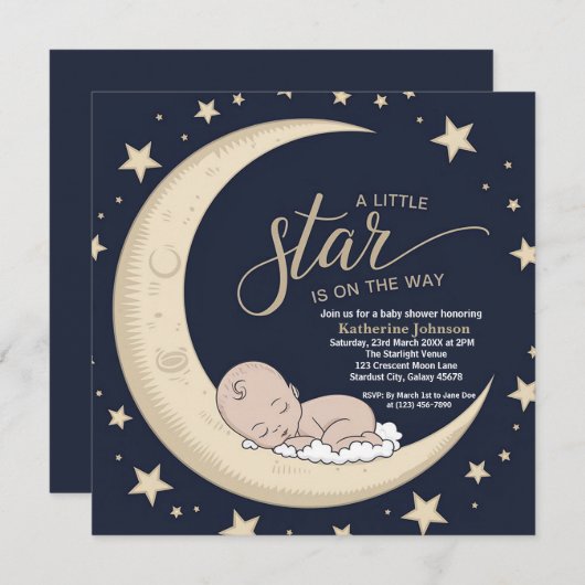 Invitation Une petite étoile est sur le chemin, Baby shower c (Devant / Derrière)