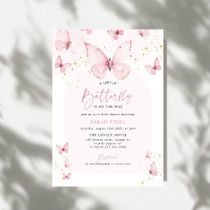 Invitation Une petite fête bébé papillon rose or