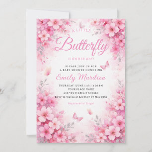Invitation Une petite Fête de Bébé Fille Florale Papillon Ros