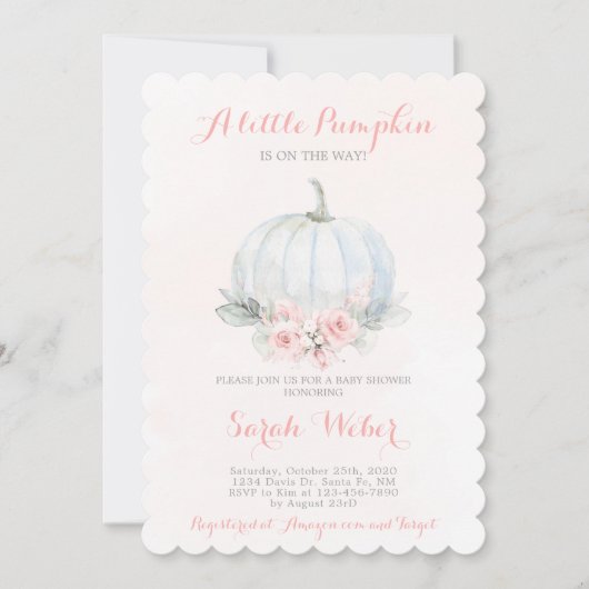Invitation Une petite fille baby shower de chute rose citroui (Devant)