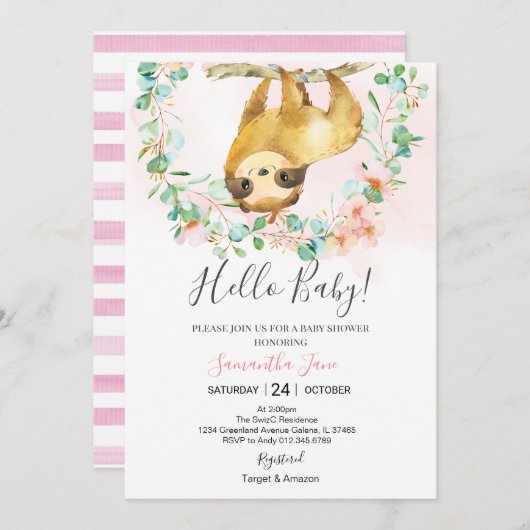 Invitation Une petite fille Baby shower rose pâle et verte (Devant / Derrière)