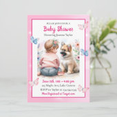 Invitation Une petite fille et son Baby shower rose chiot (Debout devant)