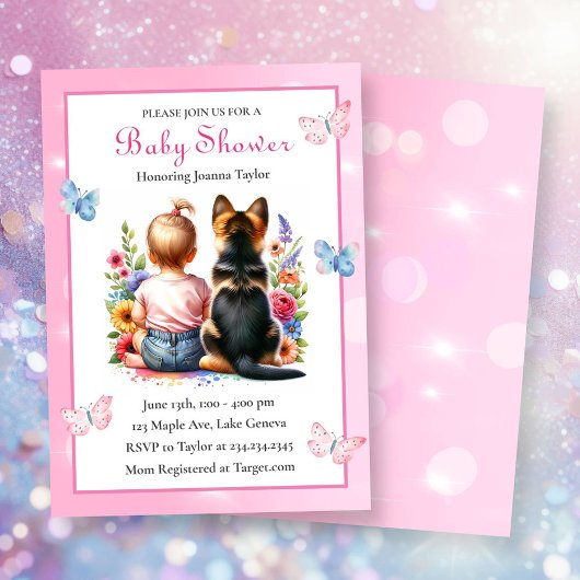 Invitation Une petite fille et son Baby shower rose chiot