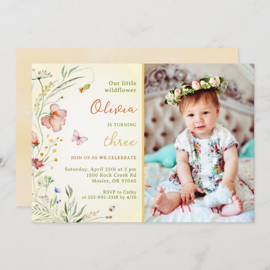 Invitation Une petite fille Fleur sauvage Anniversaire de enf (Devant / Derrière)