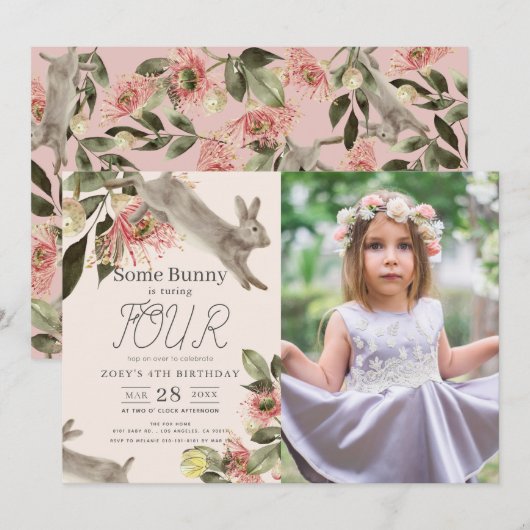 Invitation Une Petite Fille Florale Rose Bunny Photo Annivers (Devant / Derrière)