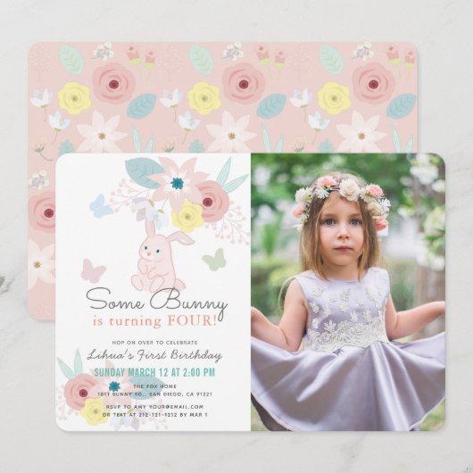 Invitation Une Petite Fille Florale Rose Bunny Photo Annivers (Devant / Derrière)