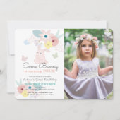 Invitation Une Petite Fille Florale Rose Bunny Photo Annivers (Devant)