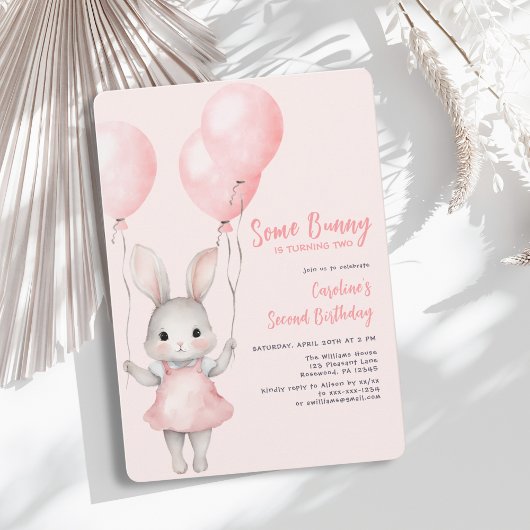 Invitation Une Petite Fille Rose Bunny Deuxième Anniversaire
