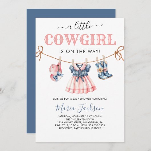 Invitation Une petite fille sauvage Baby shower de fille bleu (Devant / Derrière)
