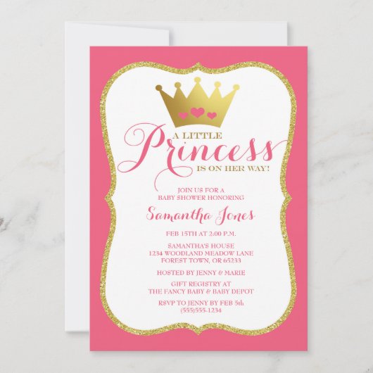 Invitation Une petite princesse Baby shower rose et or (Devant)