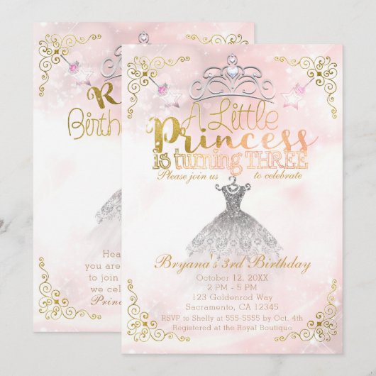 Invitation Une petite princesse fête ses TROIS ans 3e anniver (Devant / Derrière)