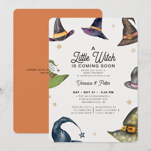 Invitation Une petite sorcière Orange Halloween Baby shower (Devant / Derrière)
