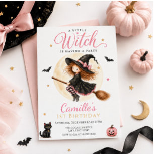 Invitation Une petite sorcière rose Halloween fille anniversa
