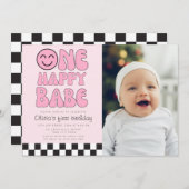 Invitation Une photo rose de bébé heureux avec visage heureux (Devant / Derrière)