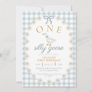 Invitation UNE Première Anniversaire d'Oie Idiote Bleue Gingh