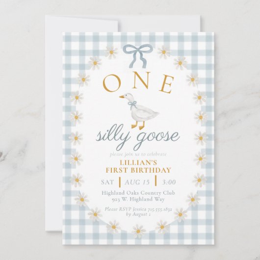 Invitation UNE Première Anniversaire d'Oie Idiote Bleue Gingh (Devant)