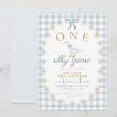 Invitation UNE Première Anniversaire d'Oie Idiote Bleue Gingh (Devant / Derrière)