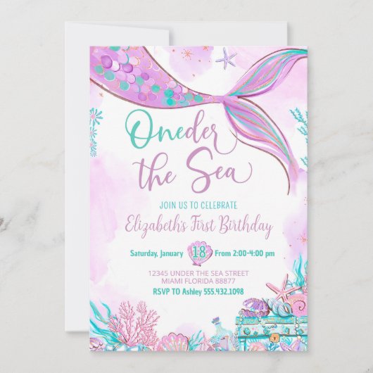 Invitation Une sirène de mer violet Turquoise premier anniver (Devant)