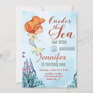 Invitation Une sirène orange de mer 1ère fille de 1er anniver