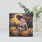 Invitation Une sorcière d'Halloween aux yeux verts sur Jack-O (Debout devant)