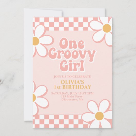 Invitation Une Super fille Retro Check Rose Daisy (Devant)