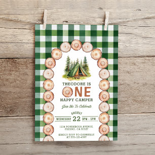 Invitation Une tranche de bois de campeur heureux vert plaid