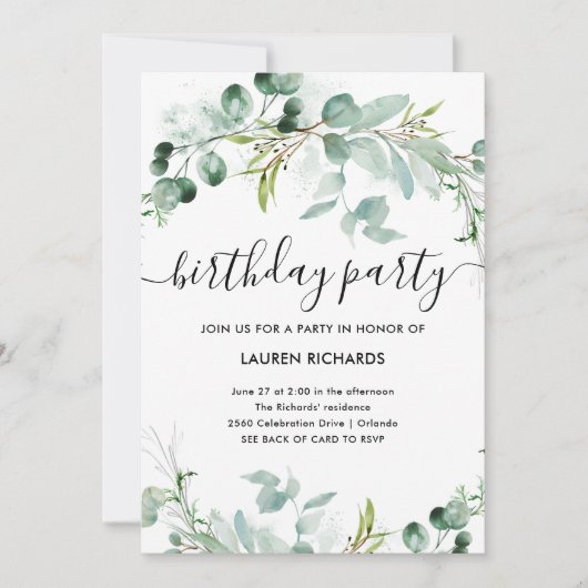 Invitation Une verdure élégante | QR Code fête d'anniversaire (Devant)