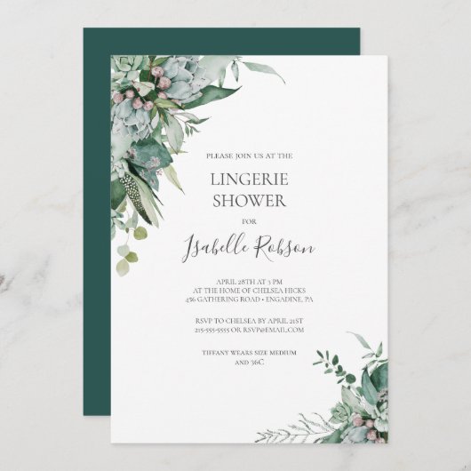 Invitation Une verdure succulente | Douche Lingerie Vert fonc (Devant / Derrière)