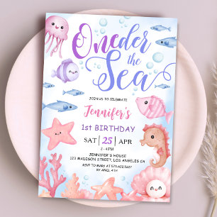 Invitation UNEder sous la mer ! Fille de 1er anniversaire Mig