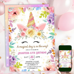 Invitation Unicorn 10e anniversaire coloré Floral arc-en-ciel