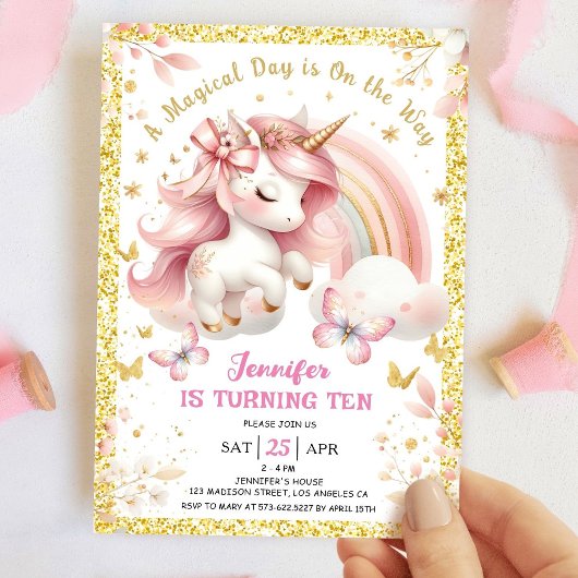 Invitation Unicorn 10e anniversaire fête fille Blush rose & o