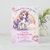 Invitation Unicorn 10e anniversaire fille pourpre or arc-en-c (Debout devant)