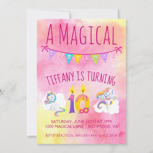 Invitation Unicorn 10e anniversaire rose (Devant)