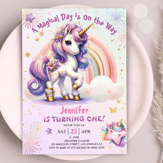 Invitation Unicorn 1er anniversaire fille pourpre or arc-en-c